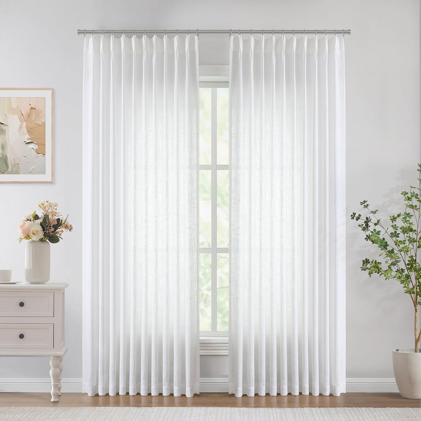 Vision Home White Pinch Pleated Semi Sheer Curtains Textured Light Filtering Window Curtains 90 inch for Living Room Bedroom Patio Rayon Blended Pinch Pleat Drapes with Hooks 1 Panel 60" Wx90 L