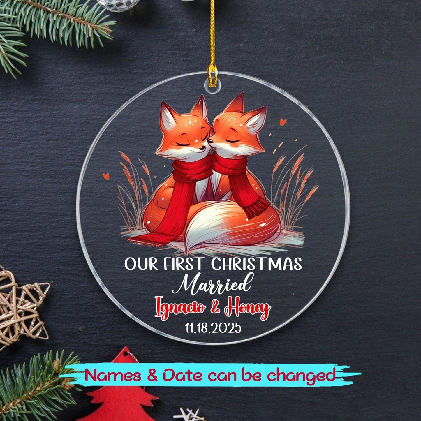 Personalized Date/Name Mr & Mrs Fox Married Christmas Ornament 2025, Our First Christmas Married Fox Ornaments Gift for Marriage, Customized Mr & Mrs Foxes Together Christmas Ornament for Newlyweds