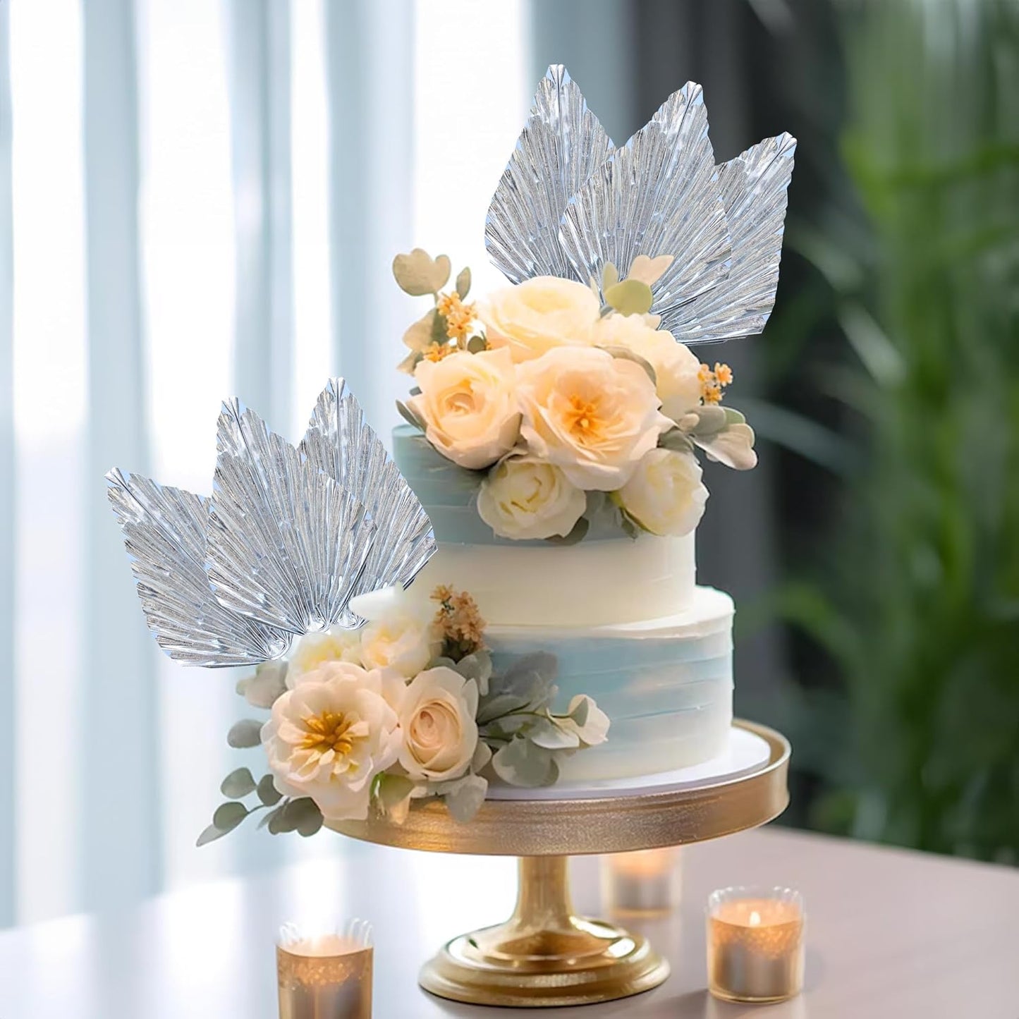 Ephlyn 6Pcs Paper Palm Leaves Fan Cake Toppers Palm Leaf Fan Cake Picks Craft DIY Fan Cupcake Toppers Palm Spear Leaves Cake Decorations for Baby Shower Wedding Birthday Party Supplies Bright Silver