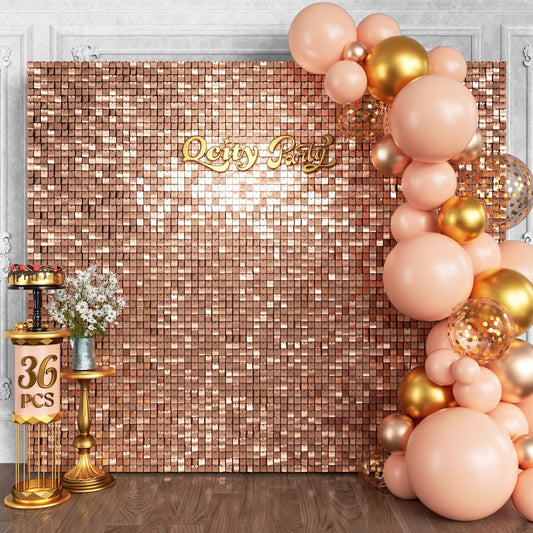 Qcity Rose Gold Shimmer Wall Backdrop 36PCS, Black Back Not See-Through Design, Square Sequin Glitter Backdrop Panel, Perfect for Outdoor Events, Birthdays, Wedding and Party Decoration