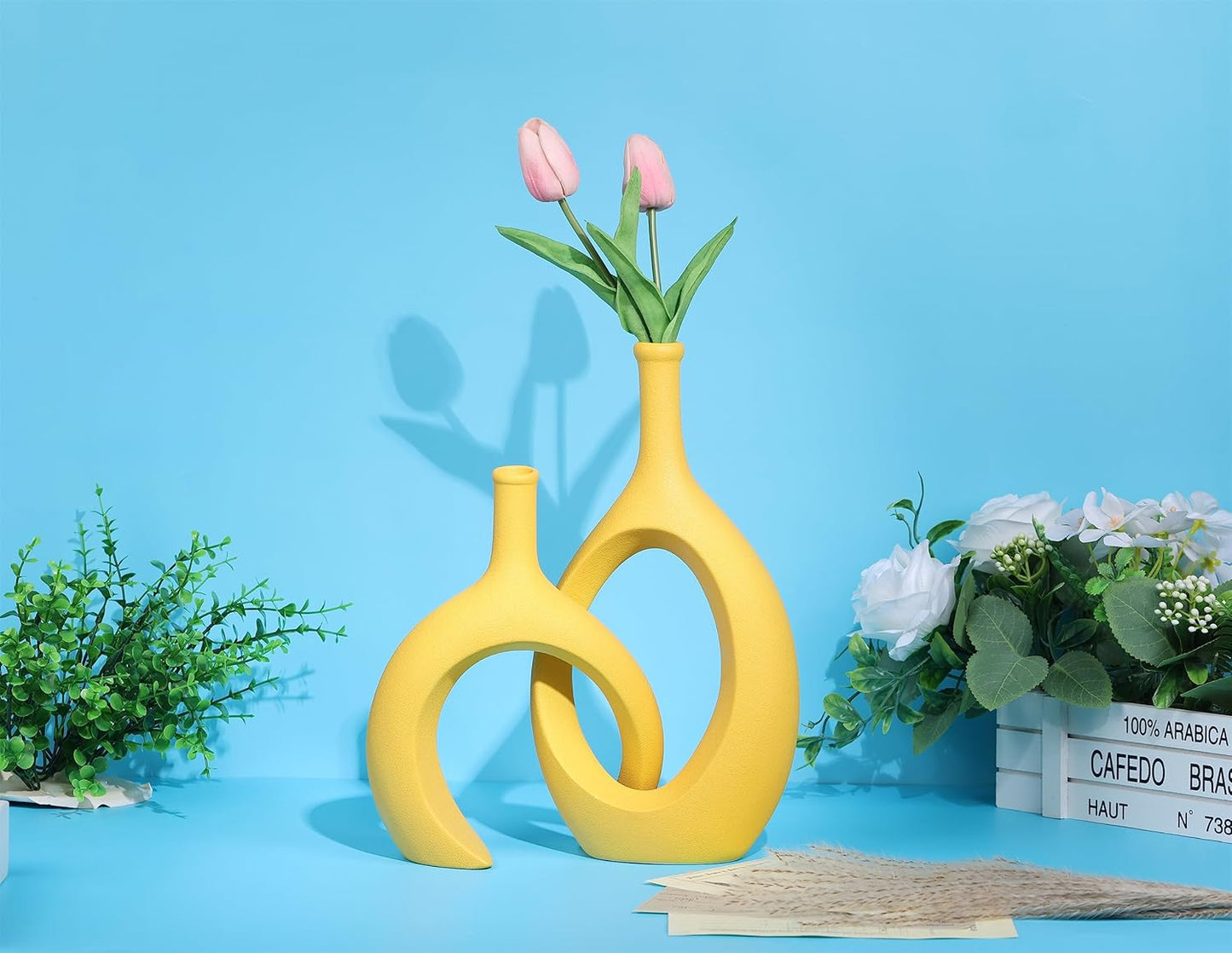 WUBIANJIE Yellow Ceramic Vase - Modern Boho Decor, Mustard Yellow, Round, Anti-Slip Base, Perfect for Living Room, Bedroom, Bathroom