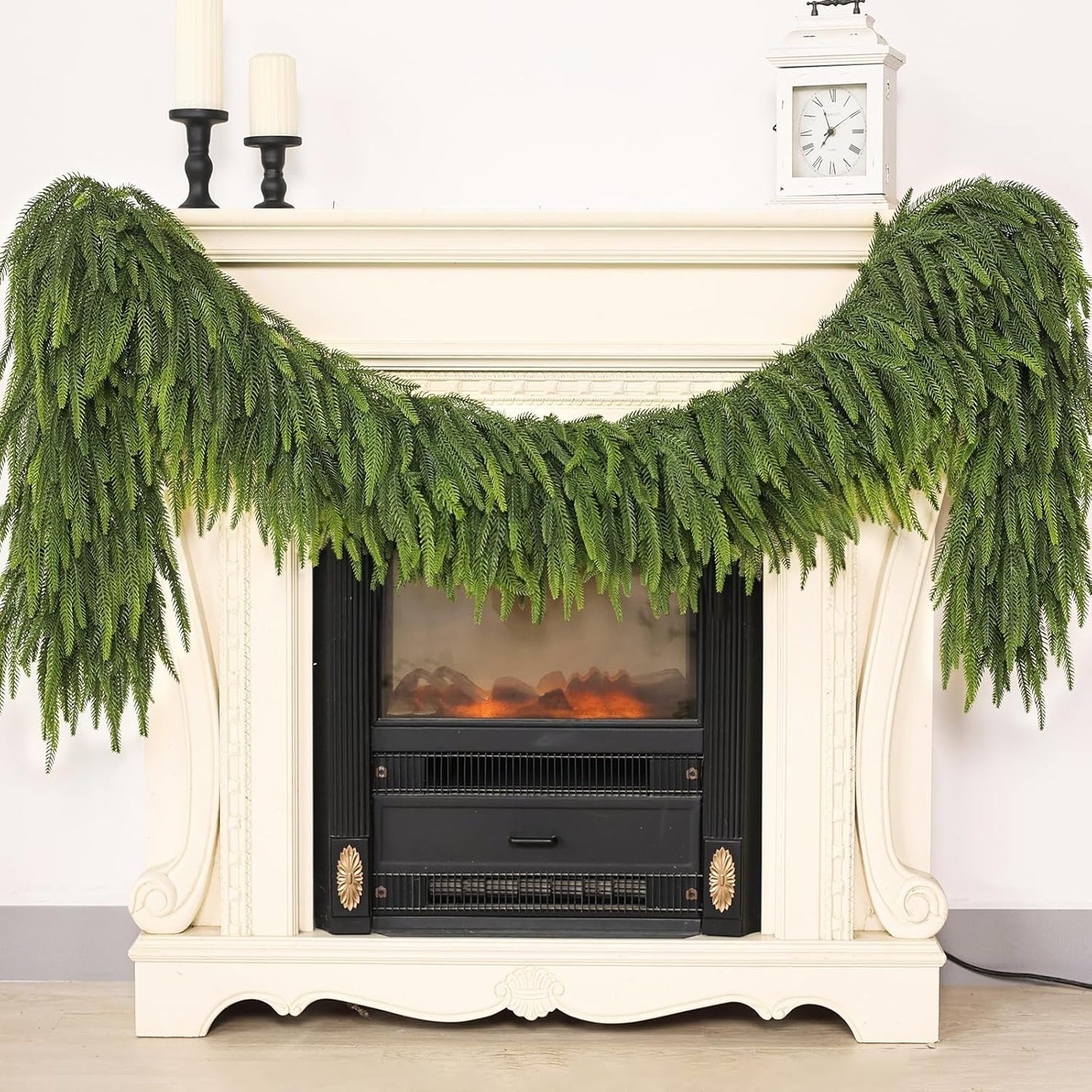 6FT Christmas Norfolk Pine Garland -2PCS, Artificial Pine Needles Garlands Faux Greenery Fake Garland for Holiday Fireplace,Table,Window,Stairs,Mante,Indoor Outdoor Decor