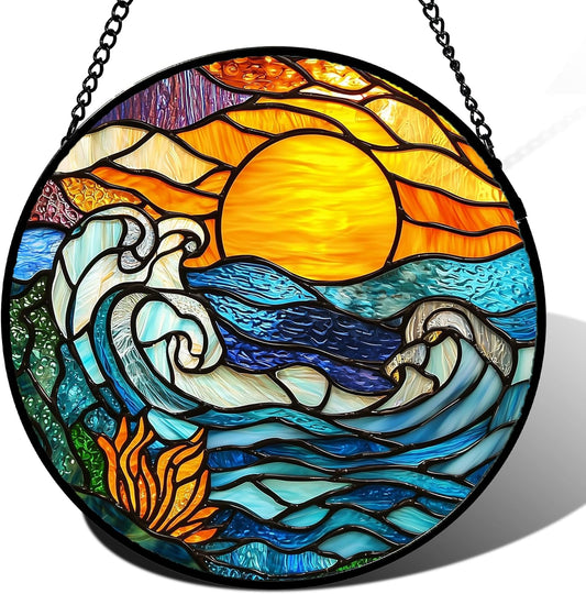 Stained Glass Window Hanging, Orange Sun Blue Sea Waves Landscape Suncatcher for Doors Window Home Sun Catchers Decor Mother's Day Birthday Gifts for Women, Men Mom 15 in