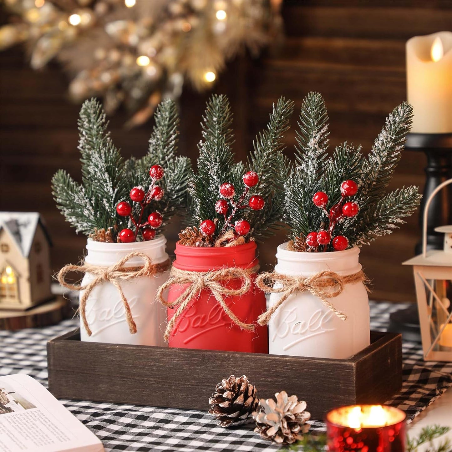 Christmas Mason Jars, Christmas Centerpieces for Tables, Wood Tray & 3 Painted Decorative Jars, Xmas Table Centerpieces Decoration, Farmhouse Dining Table Kitchen Decorations Home Decor