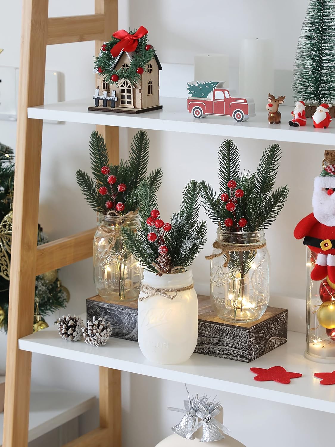 Christmas Mason Jars, Christmas Centerpiece Table Settings, Wood Tray with 3 Painted Jars, Dining Coffee Table Centerpiece, For Kitchen, Living Room, White Mason Jar Decor with Flowers