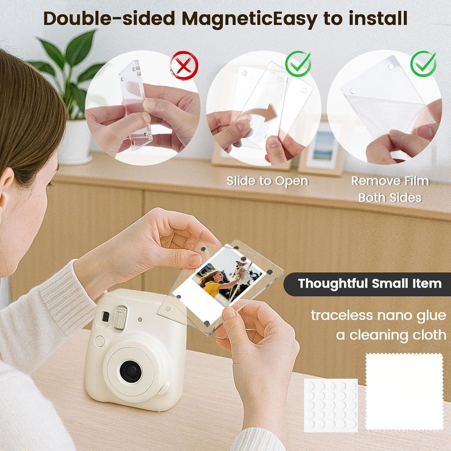 DomeStar Magnetic Acrylic Picture Frame 2.4 x 3.5 Inch, 16 Pack Double-Sided Photo Holder for Refrigerator, Locker, or Metal Cabinet, Fits Instant Photo, Mini Film, Notes & Pictures
