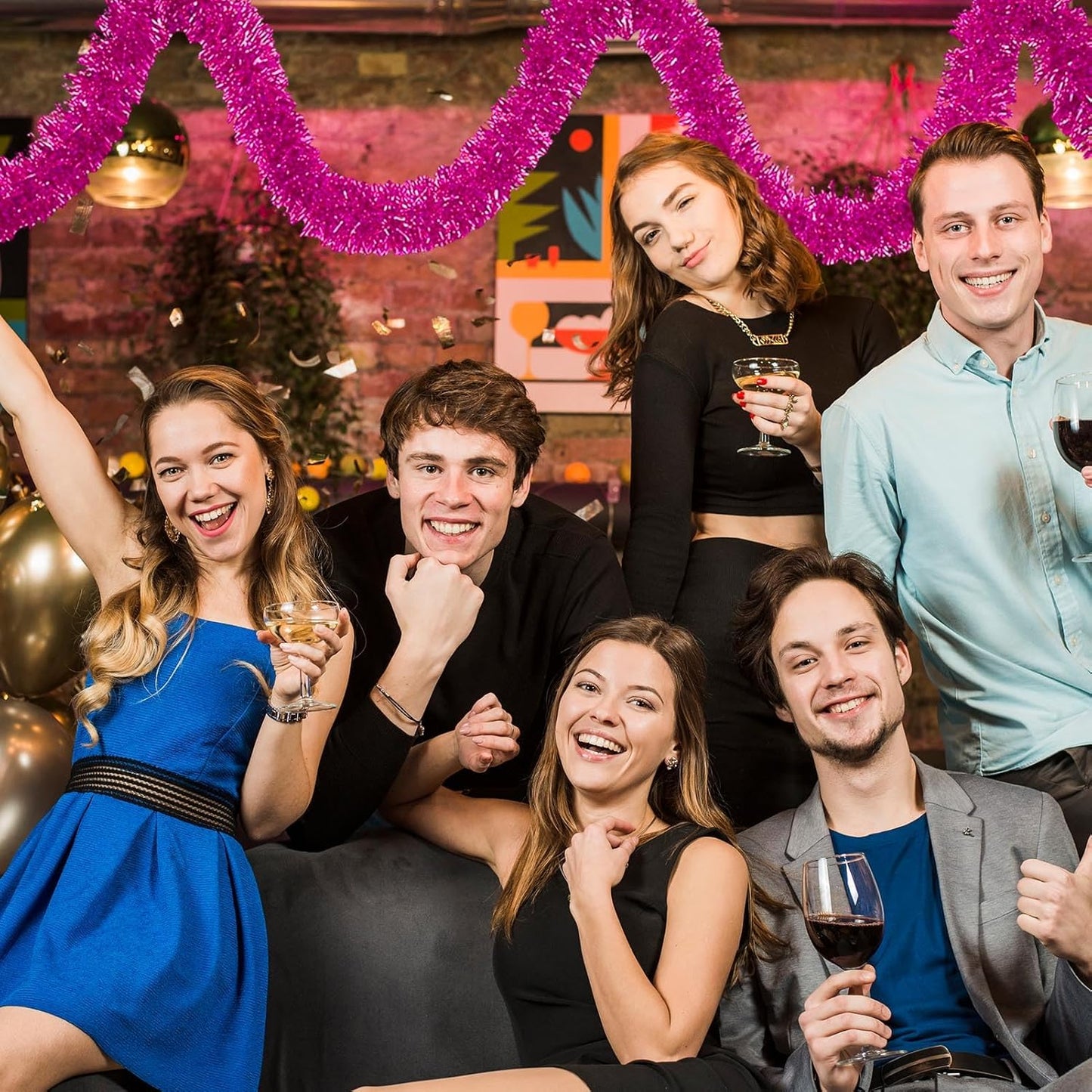 25 Feet Fuchsia Christmas Tinsel Garland, Metallic Foil Twist Banner Wall Hanging Tinsel Streamers Backdrop for Parade Floats, Christmas, Mother's Day, Birthday Party Decorations(4in x 25ft)