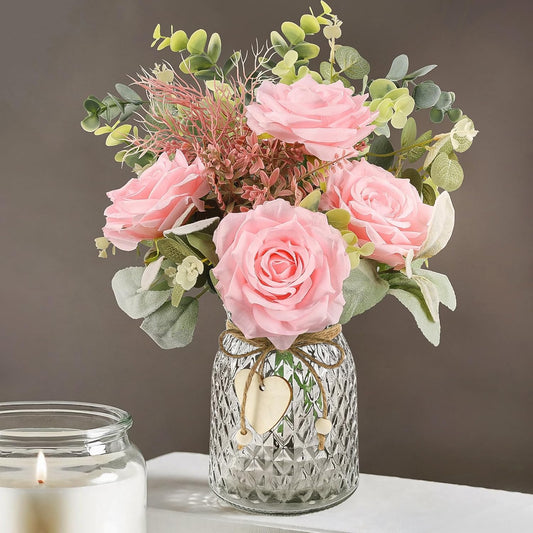 HOHOTIME Artificial Flowers in Vase, Faux Silk Pink Roses Table Centerpiece Decoration, Fake Flowers for Home Bedroom Study Room Decor with Glass Vase