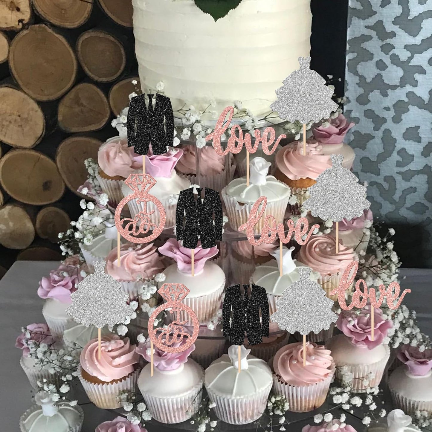 24 PCS Groom and Bride Cupcake Toppers Glitter Ring Love I Do Cupcake Picks Marriage Bridal Shower Cake Decorations for Wedding Engagement Bridal Shower Theme Party Supplies Rose Gold