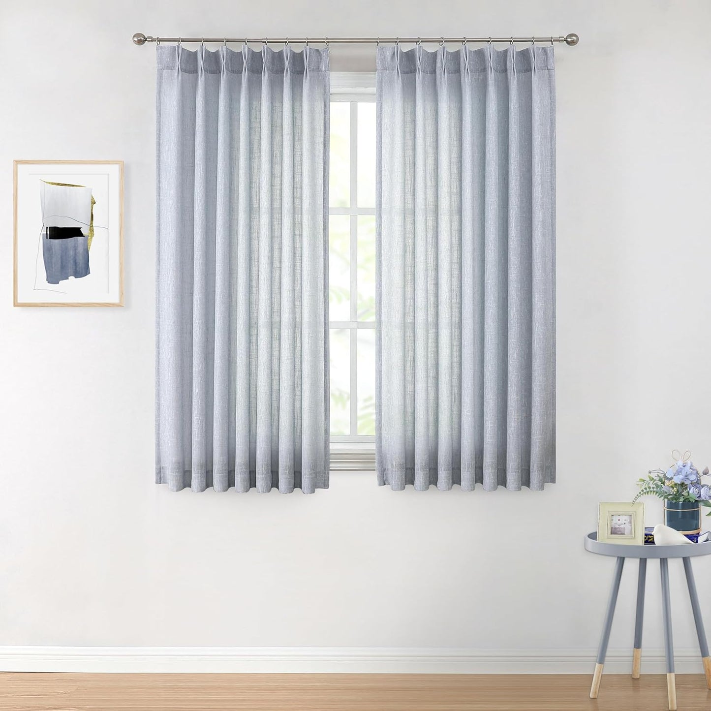 Vision Home Pinch Pleated Blue Semi Sheer Curtains Textured Light Filtering Window Curtains 63 inch for Living Room Bedroom Rayon Blended Chambray Blue Pinch Pleat Drapes with Hooks 2 Panels 40"Wx63"L
