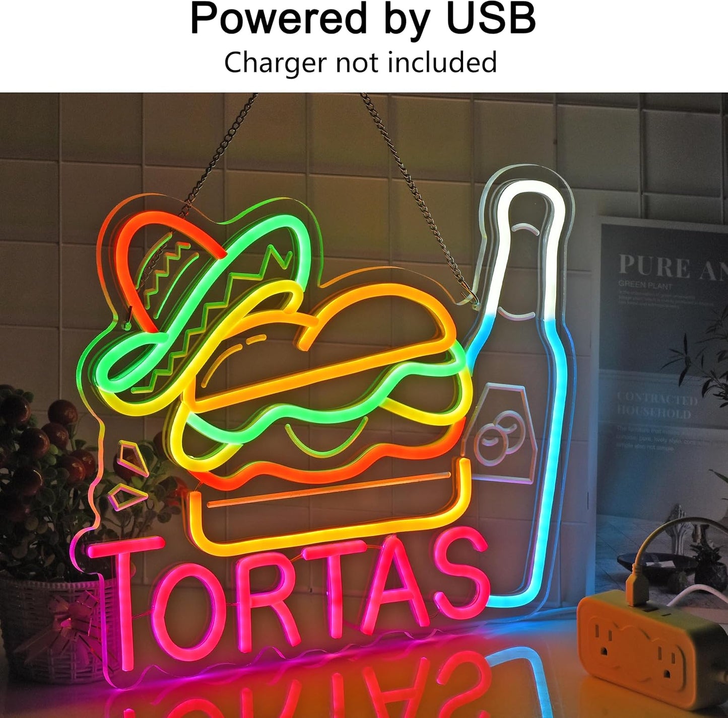 CNBEYOUNG Tortas Neon Sign, Neon Lights Hanging Wall Art Decoration for Mexican Restaurants Shop Bar Food Truck Kitchen Party Home Decor, USB - Driven, Super Bright & Adjustable,16.54x 12.6inches