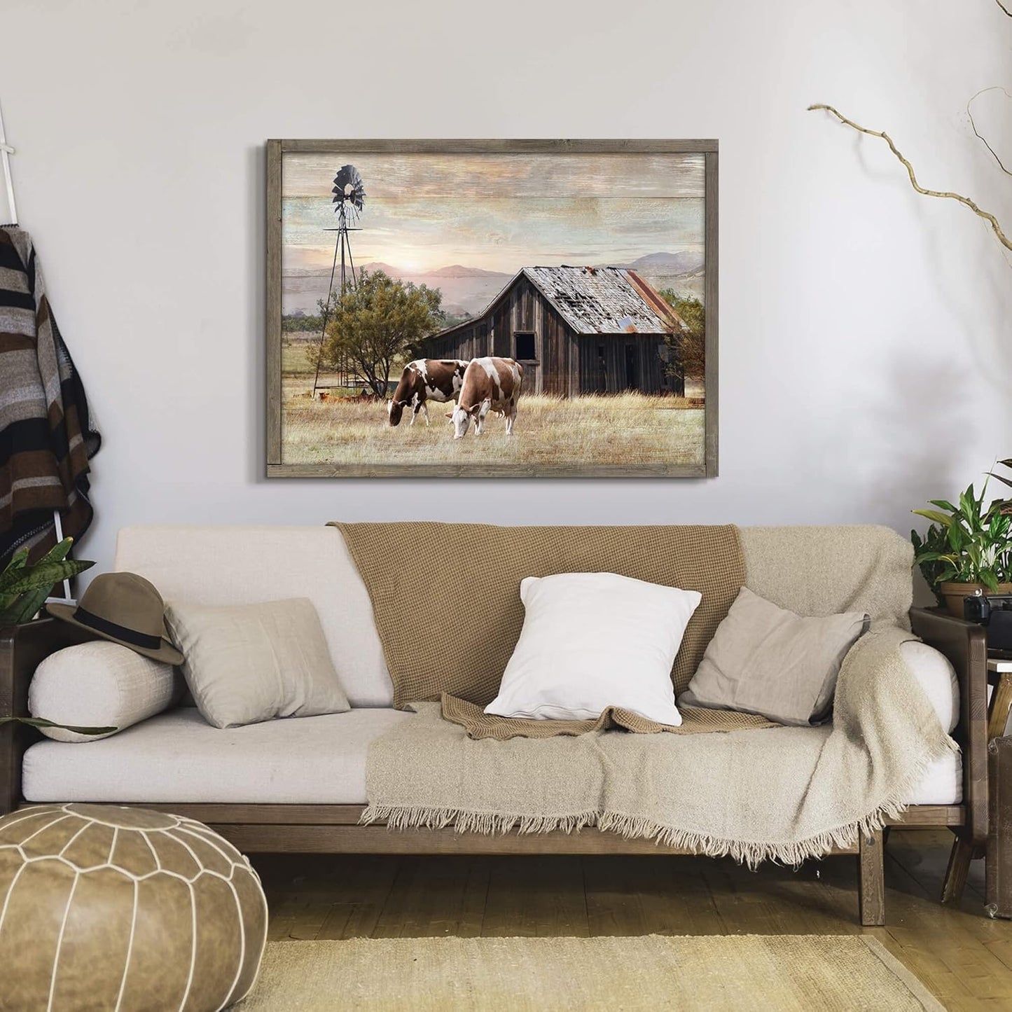Rustic Wall Decor Barn Framed - Vintage Farmhouse Cow & Windmill Landscape Picture Artwork for Home and Kitchen