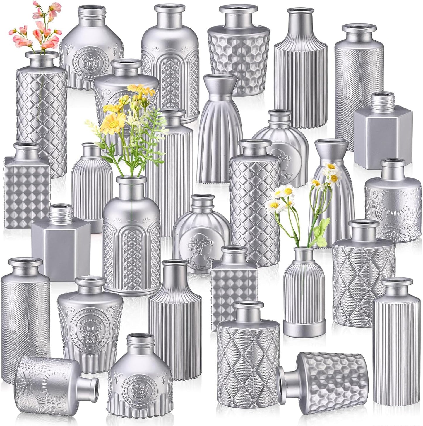 Yaomiao 30 Pcs Vases Bulk Colored Flower Glass Vases Bud Vintage Colored Glass Bottles Colorful Rustic Embossed for Home Wedding Table Decorations Gifts(Silver Series)