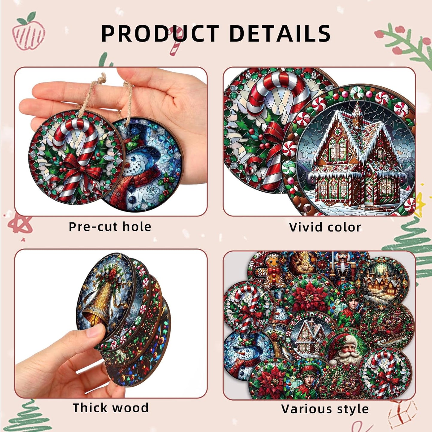 Suzile 36 Pcs Christmas Wooden Ornaments Vintage Christmas Decoration Oil Painting Round Ornaments Retro Santa Claus Gingerbread Man Hanging Decoration for Xmas Farmhouse Home Winter Party