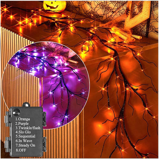 Hairui Lighted Halloween Garland with 48L Orange and Purple Bi-Color LED Lights 8 Functions, Black Glittered Garland Lights Battery Operated 6FT for Indoor Outdoor Halloween Party Decoration
