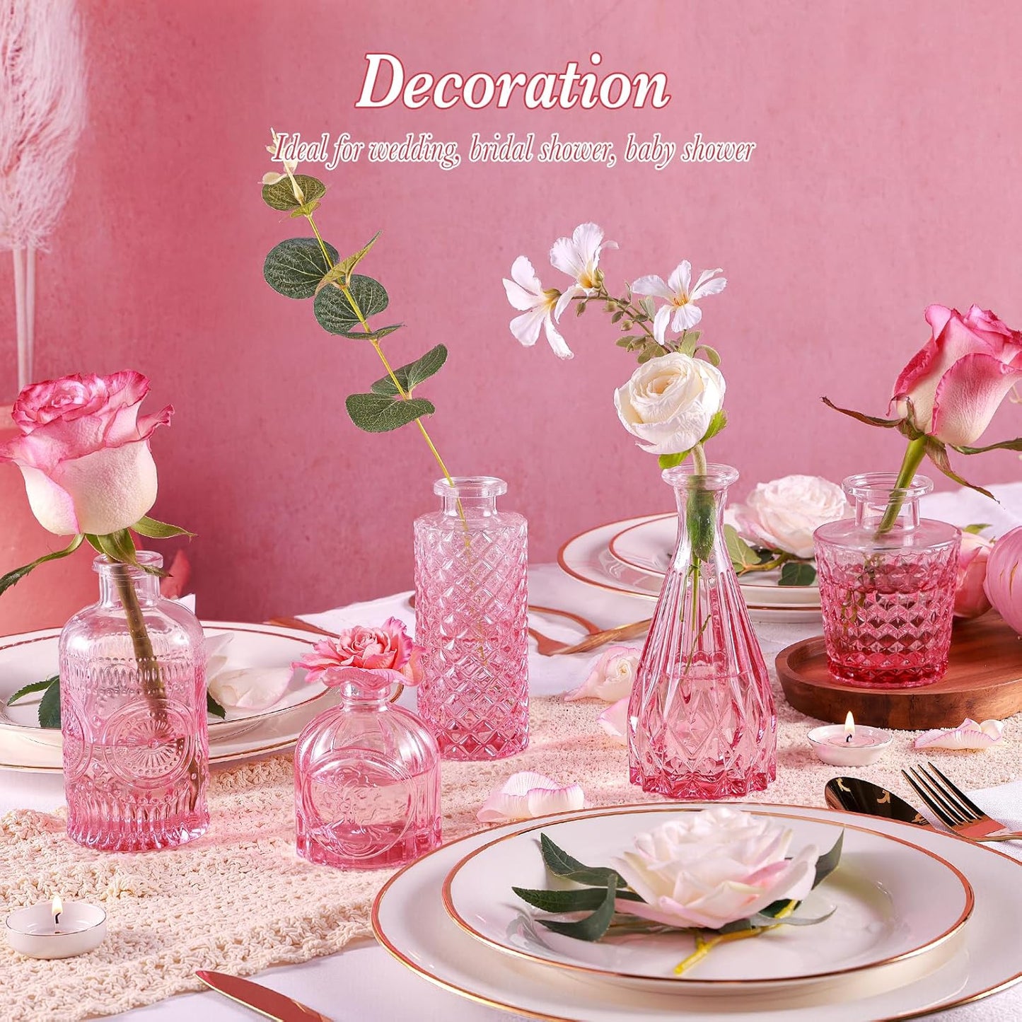 Pink Glass Bud Vases Set of 5, Mini Flower Vase for Centerpieces, Small Clear Vases in Bulk for Wedding Decorations, Vintage Vase for Table, Home Décor