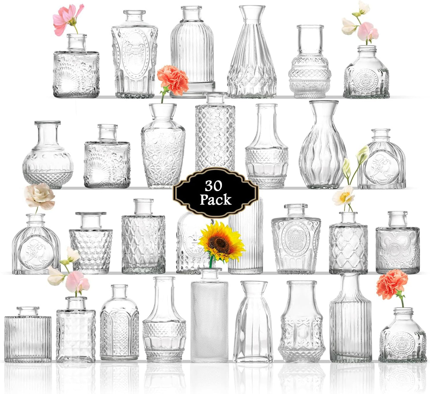 Bud Vases in Bulk 30, Clear Glass Bud Vases for Centerpieces, Small Vase for Flowers, Mini Vintage Flower Vase for Centerpieces, Wedding Table Decor, Home Decor