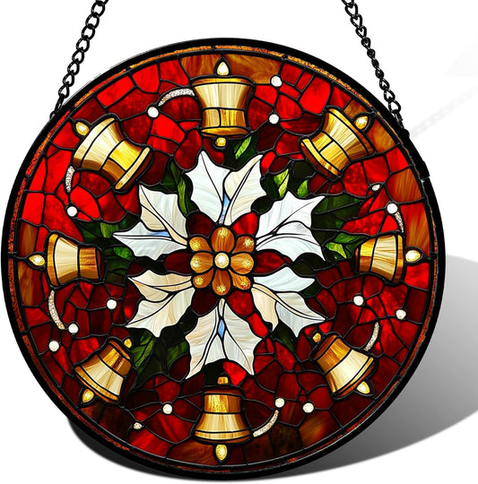 Stained Glass Window Hanging - Golden Bells Flowers Suncatcher for Doors Home Christmas Decoration Winter Sun Catcher Thanksgiving New Year Birthday Gift for Friend Women Men Mom Nana 9.8 in