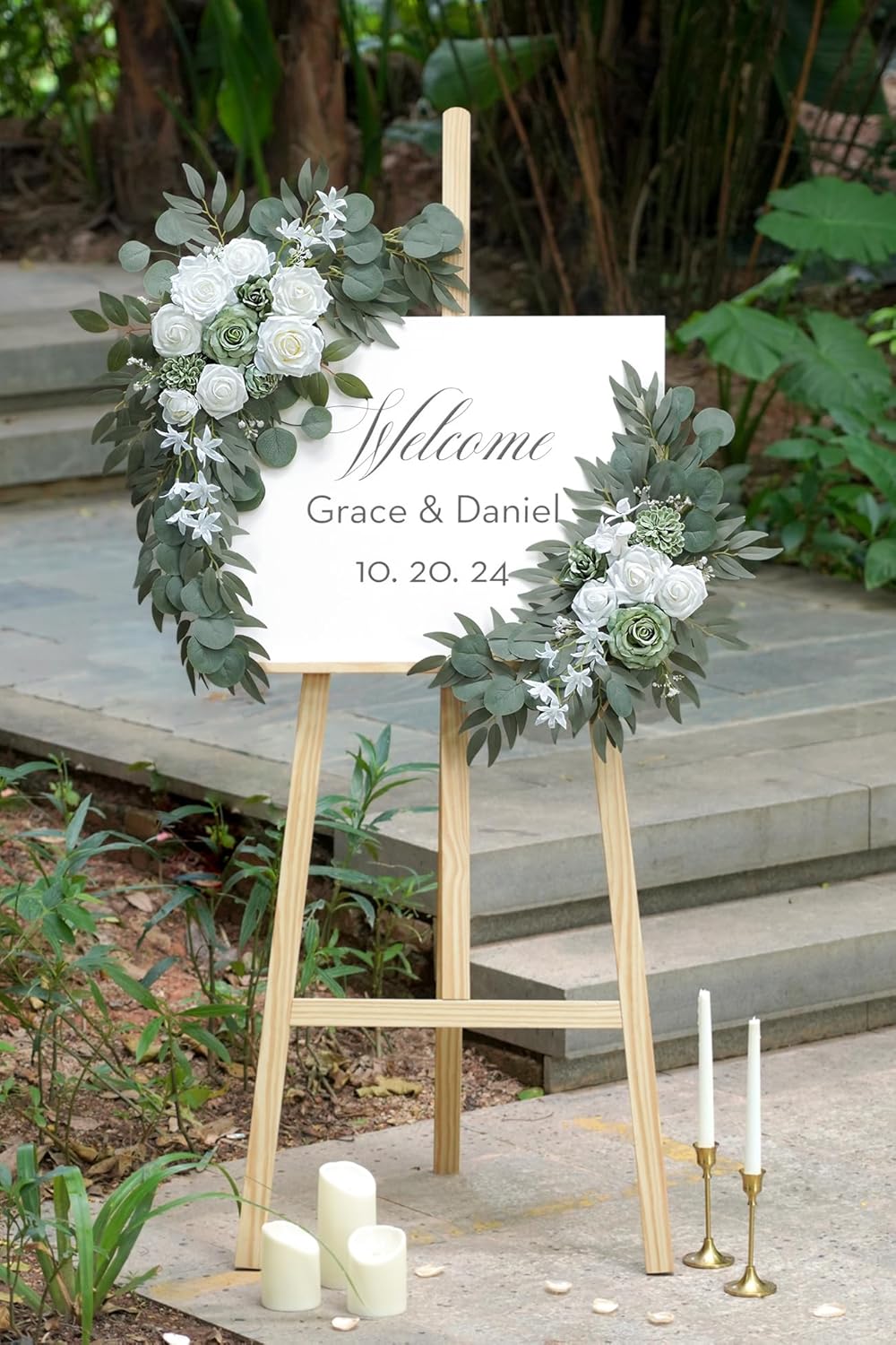 2-Pack Sage Green & White Wedding Flower Swag Set, Large: 35.43"L x 14.56"W, Small: 24.80"L x 12.99"W, Artificial Flowers for Wedding Arch, Ceremony, Table Centerpieces, Wall Hanging
