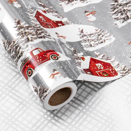 LeZakaa Christmas Silver Wrapping Paper Mini Roll for Boy Kid, Red Truck, Snowy Pine Forest & Grid Plaid, Silver Foil Reversible Design for Winter Holiday Family Gathering, 17 inches x 32.8 Feet