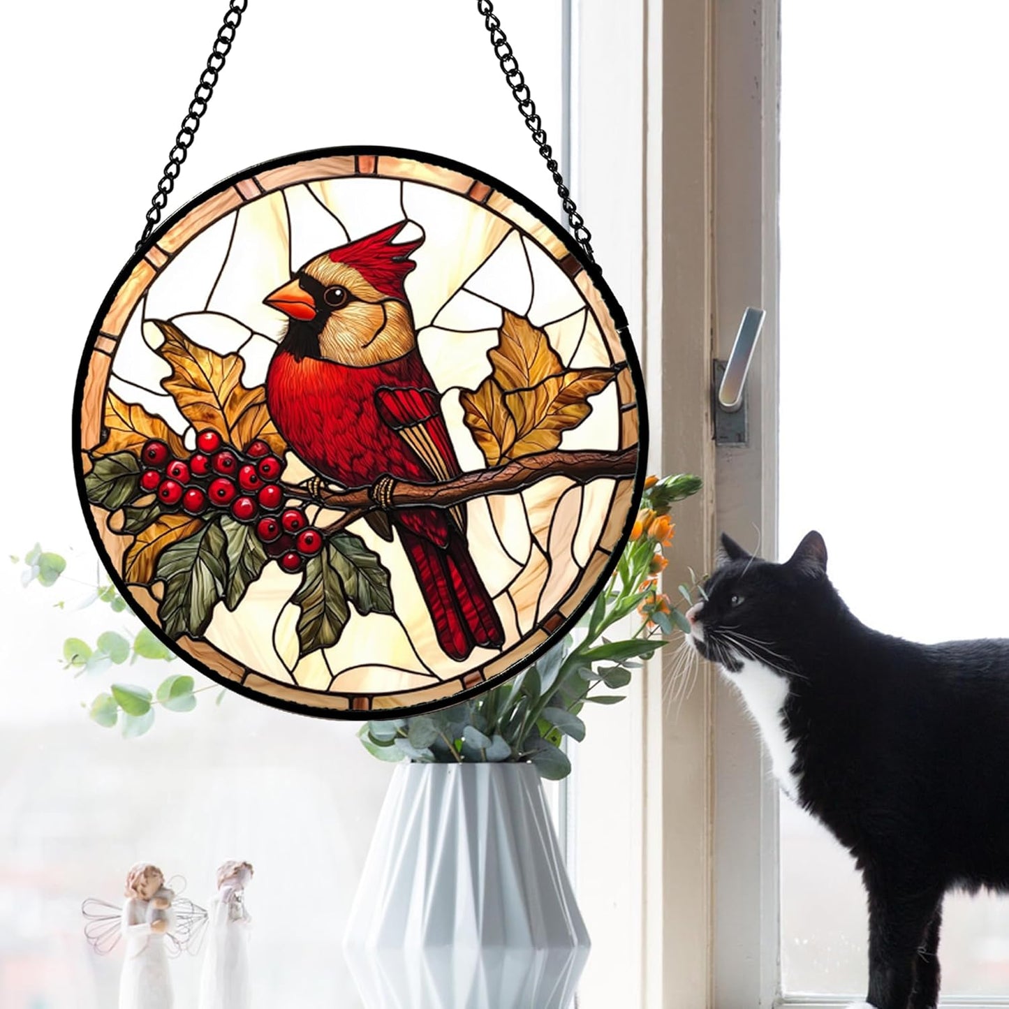 Stained Glass Window Hanging, Birds on a Branch Cardinal Sun Catchers Diamond Glass Panel Hangings Suncatcher Decor for Birthday for Women, Men, Wife, Aunt, and Mom 14.9x14.9 in