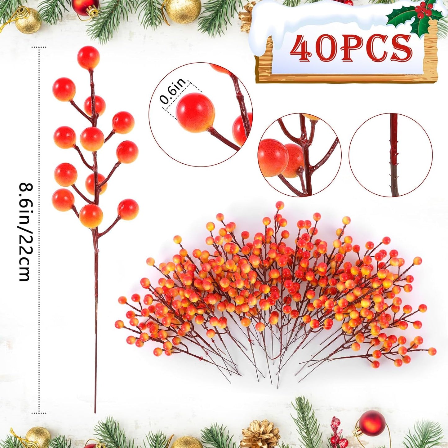 40 Pcs Artificial Berry Stems Branches, Fall Halloween Faux Holly Berries Picks and Sprays Ornaments for Thanksgiving Wreath DIY Craft Decorations Holiday Home Decor (40, Orange)