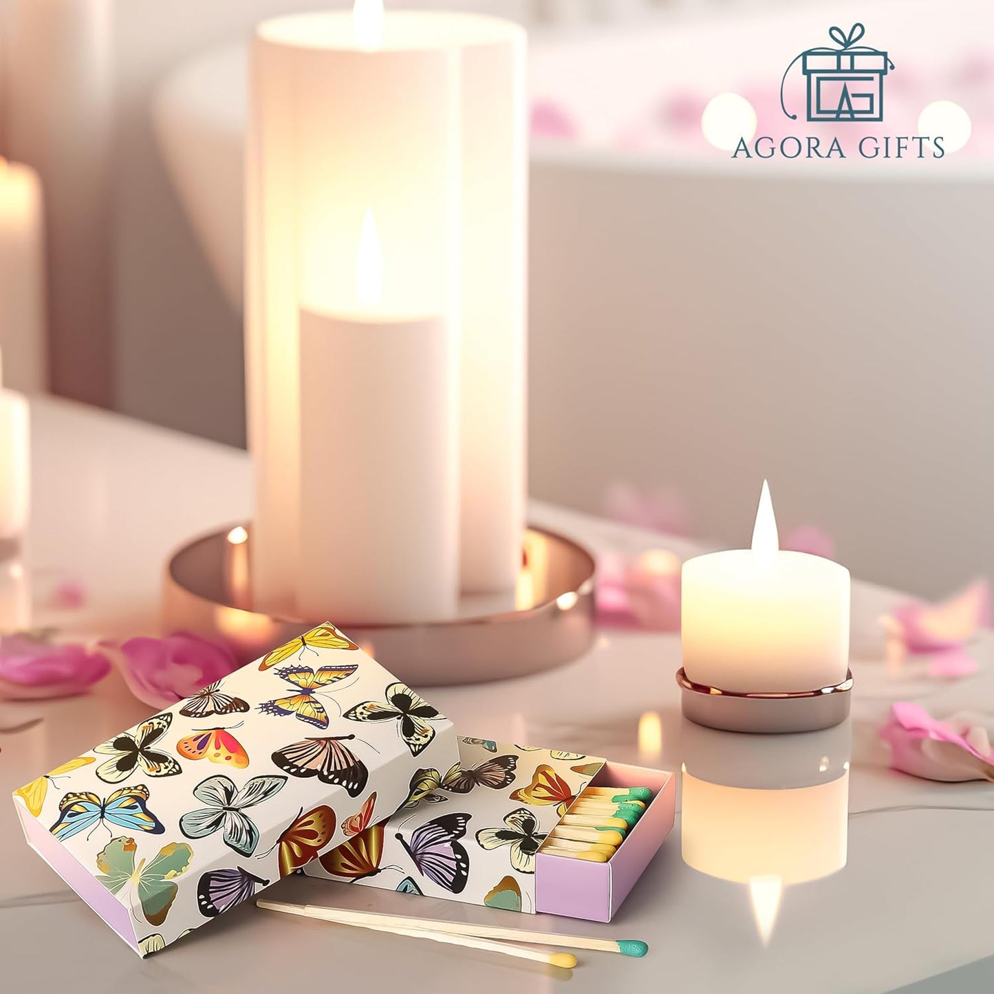 Decorative Matches Box -4-Inch Long Matches for Candles with Strike - Wooden Colorful Candle Sticks with Rainbow Tips - 50 Pc Match Sticks - Matchbox Designs of Your Choice (4 Unique Box Designs)