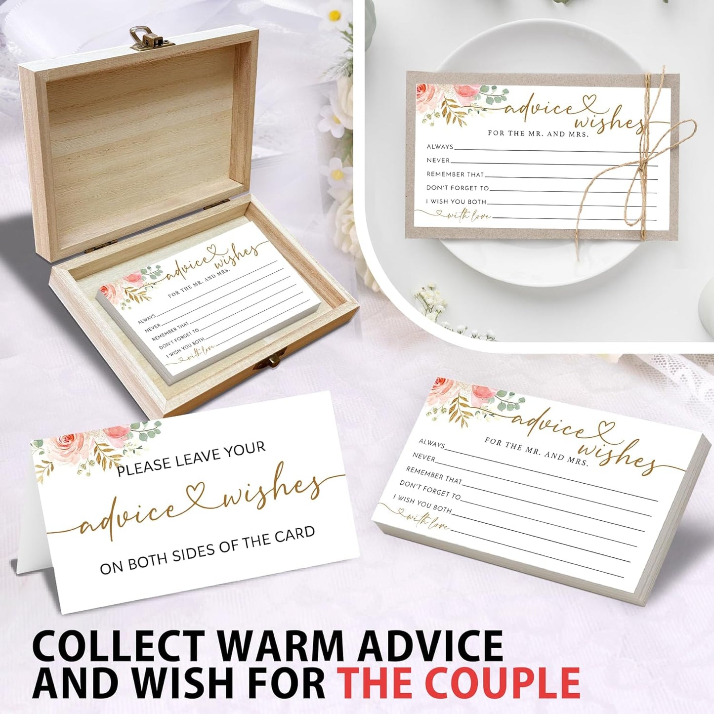 Rose Gold Advice and Wishes for the Mr and Mrs - 50 Packs Wedding Advice Cards Bridal Shower Game Cards with Box Reception Guest Book for Bride Groom Newlywed Engagement Party Decoration -A09