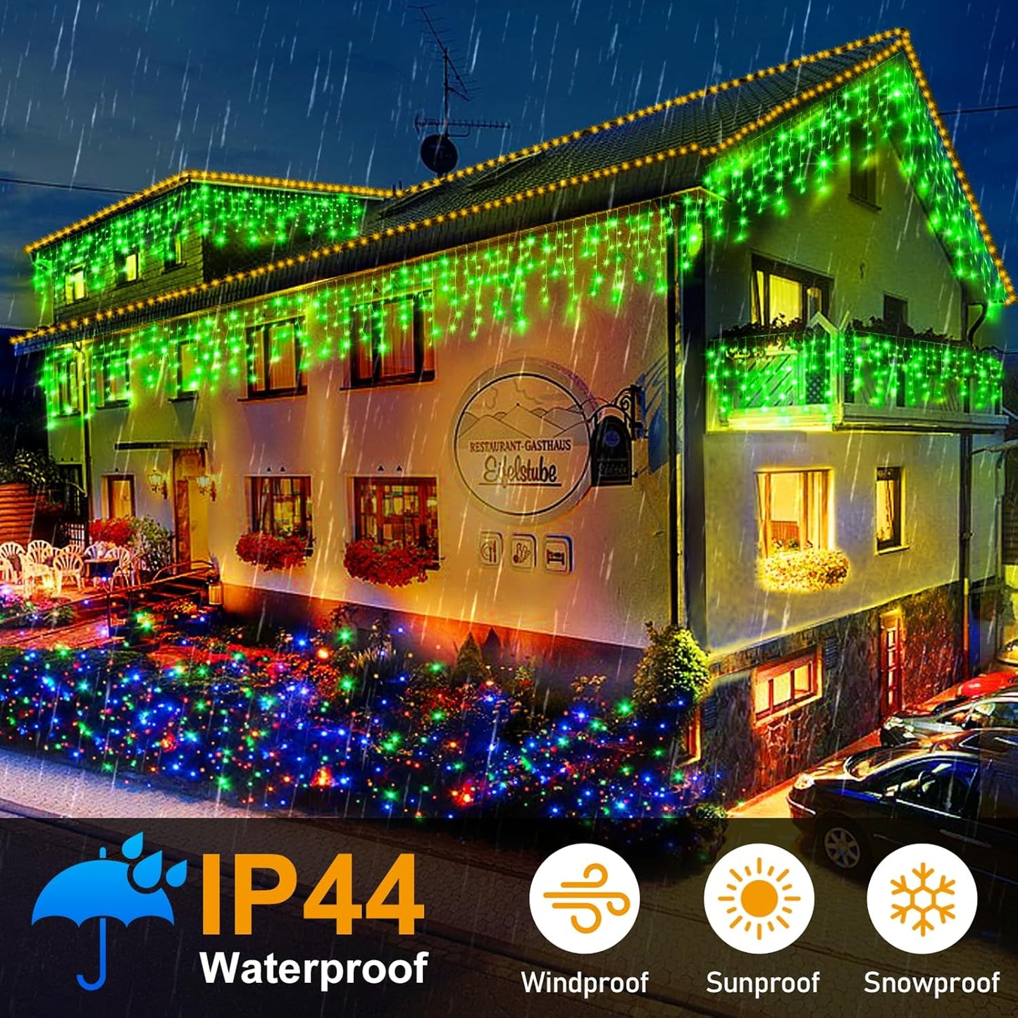 KNONEW 99ft 1216 LED Christmas Lights Outdoor Decorations with 228 Drops, 8 Modes Curtain Fairy Light, Clear Wire LED String Light Decor for Wedding Party Christmas (Green)