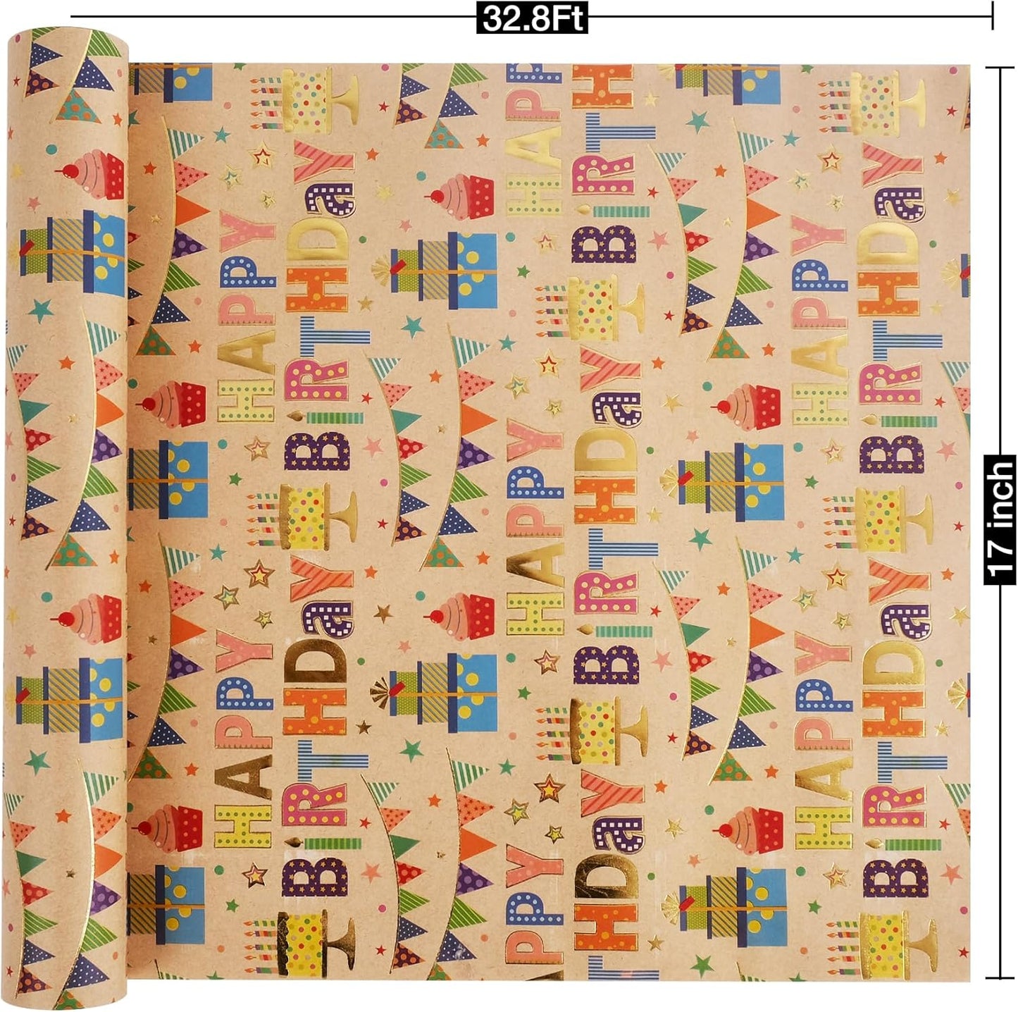 Aimyoo Colorful Birthday Wrapping Paper Roll - 17 Inch X 32.8 Feet - Gold Foil Happy Birthday Lettering, Cupcake & Flags Design Gift Wrap for Kids, Baby Showers