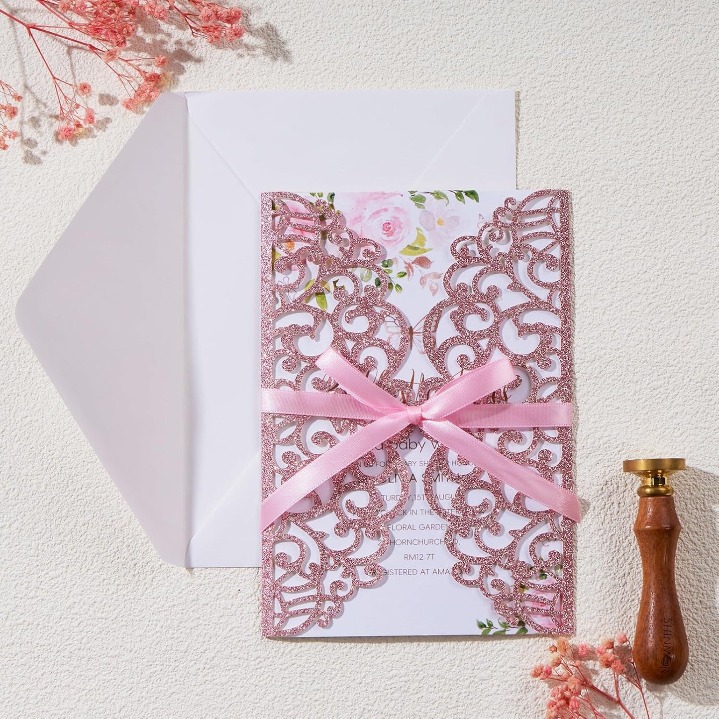 25pcs Glitter Laser Cut Wedding Invitation Kits Pink Personalized Invitation Pockets 5×7 Invitations with Envelopes and RSVP Cards Blank for Wedding Quinceanera Bridal Shower Engagement Birthday Party