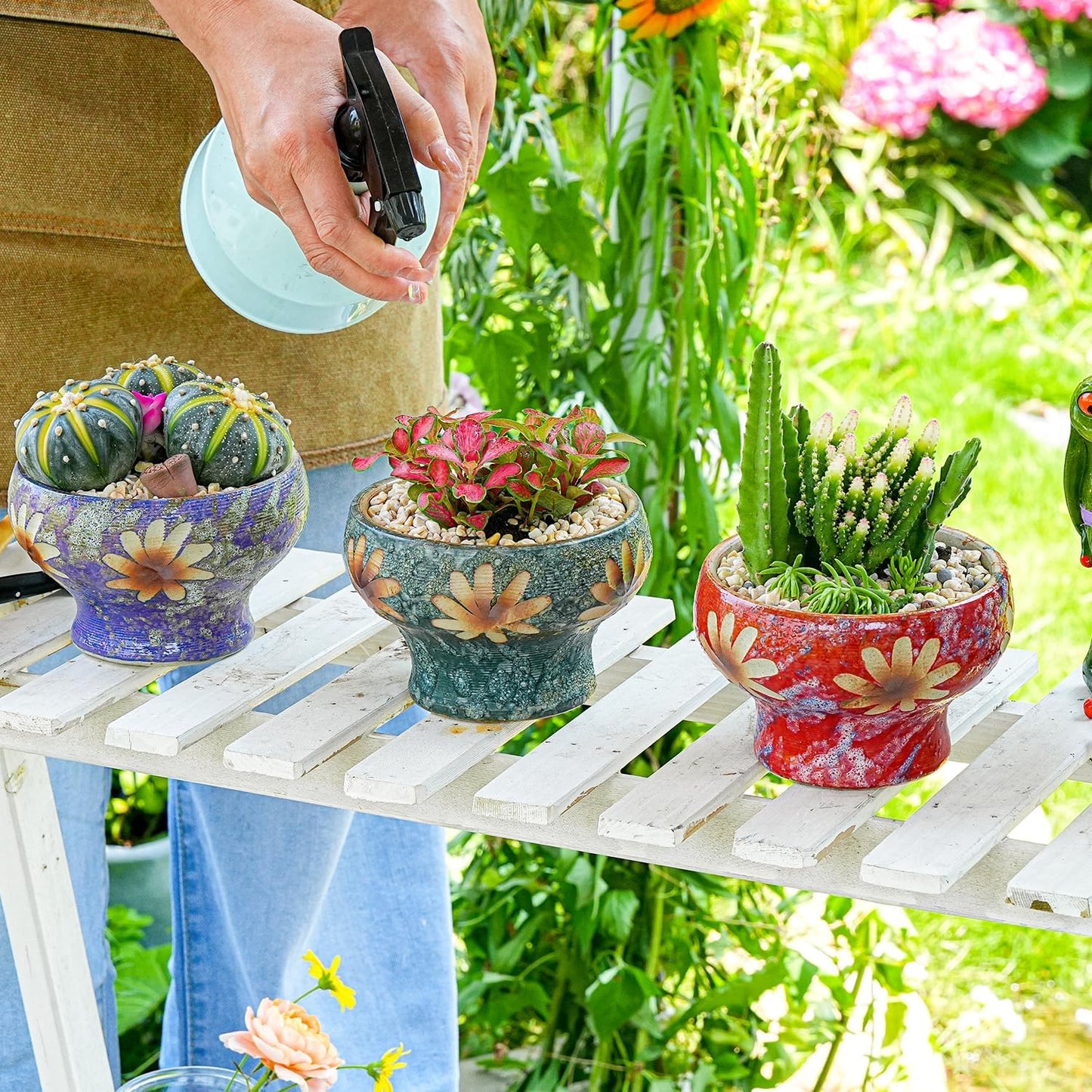 Sungmor Small Succulent Planters Set of 3, Beautiful Hand Crafted Ceramic Plant Pots Cute Cactus Pot, 4.9 Inch Flower Pots for Indoor Plants with Drainage, Desktop Windowsill Home Office Decor Pots