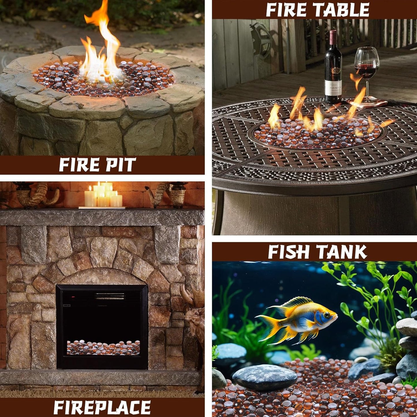 Fire Glass Rocks, Amber Beads for Propane Fire Pit, Fireplace and Outdoor Decorative. 3/4 High Luster 10LB Round Firepit Glass