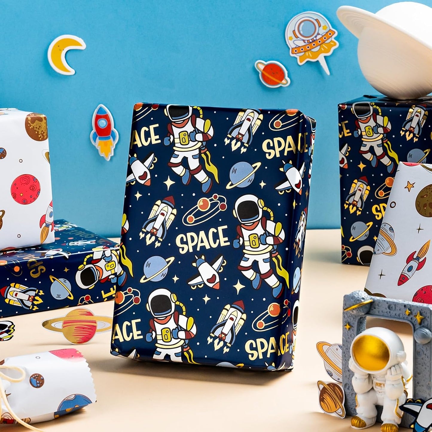 Yarcony Space Wrapping Paper Roll, Birthday Wrapping Paper for Boys, Navy Blue Astronaut Gift Wrap for Kids Birthday Outer Space Party Decor RocketShip Wrap Galaxy Planets Stars (30 Inch X 33 Feet)