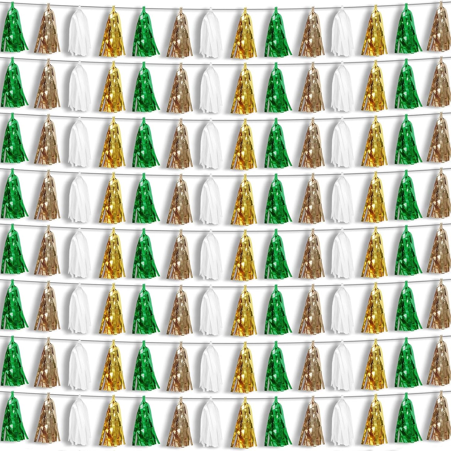 8P Sage-Green Beige-Mint Gold Foil Fringe Metallic Tassel Garland Banner, Tassels Banner Streamers for Parade Floats, Bachelorette, Wedding, Birthday, Christmas, Bridal/Baby Shower Party Decorations