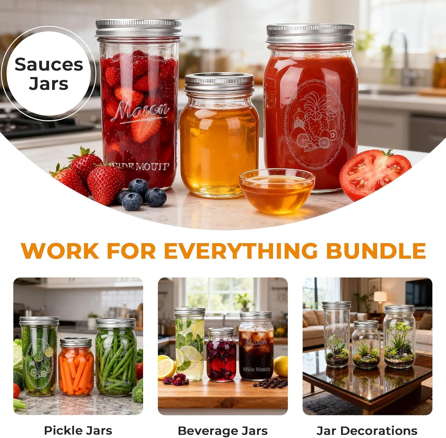 CycleMore Mason Jars Bundle, 12 Pack J Canning Jars With Bands and Lids, Ideal for Jam, Honey, Wedding/Shower Favors, DIY & Oats - 32 OZ x 4, 24 OZ x 4, 16 OZ x 4 (16oz - 24oz - 32oz)