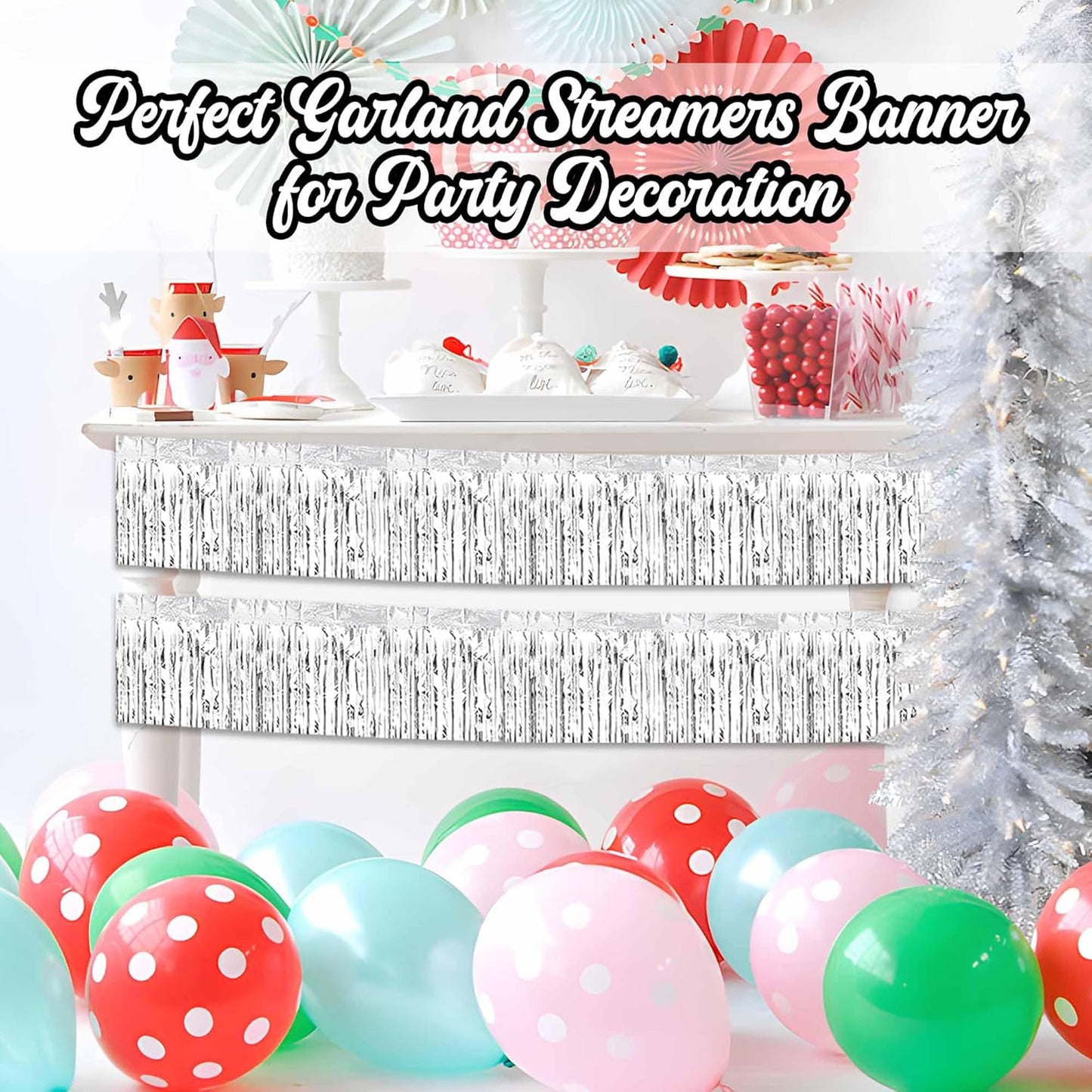 6 Pack 10 Ft Silver Foil Fringe Garland Metallic Streamers Tinsel Banner Wall Hanging Garland Backdrop for Parade Floats, Halloween, Christmas, Thanksgiving, New Year Party Decorations