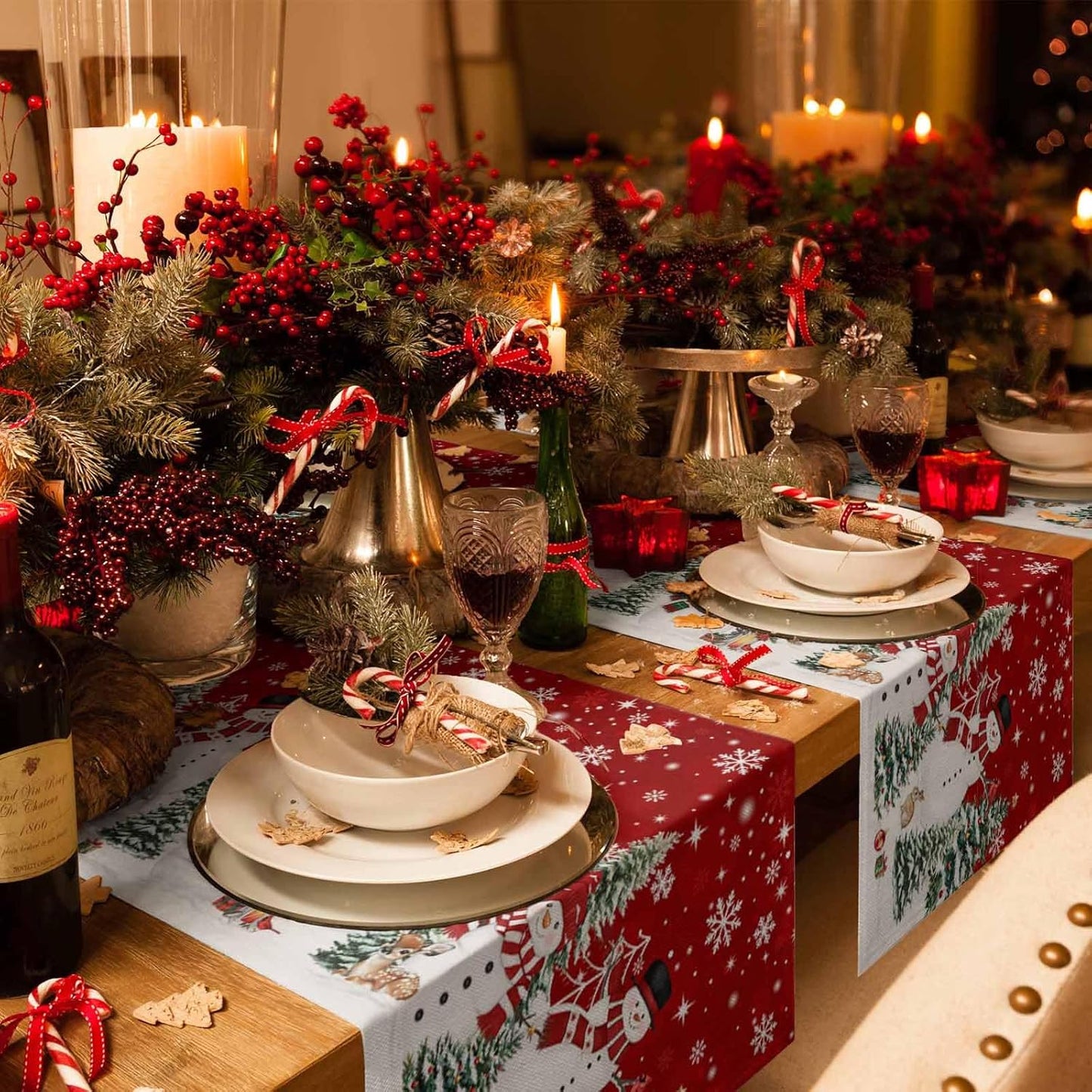 Christmas Snowman Cotton Linen Table Runner for Dining Kitchen, Xmas Tree White Snowflakes Winter Wedding Outdoor Party Tablerunners Decoration, Dresser Scarf Coffee Tablecloth Runners 13x120 Inches