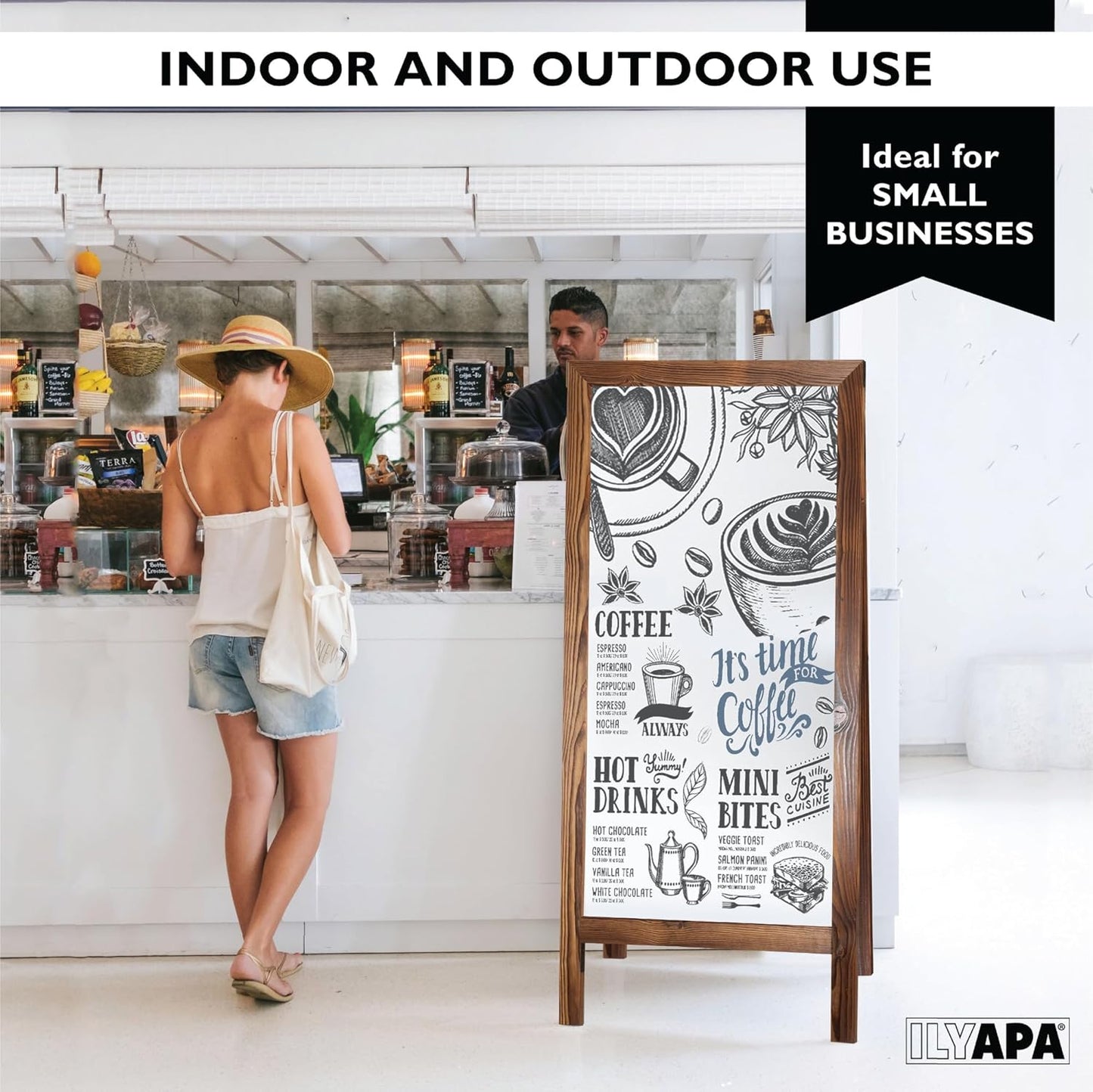 Ilyapa Wooden Dry Erase A Frame Sign - Magnetic Whiteboard Sidewalk Menu Board Outdoor - Menu Display for Restaurant, Food Truck - 58x27 inch - Brown