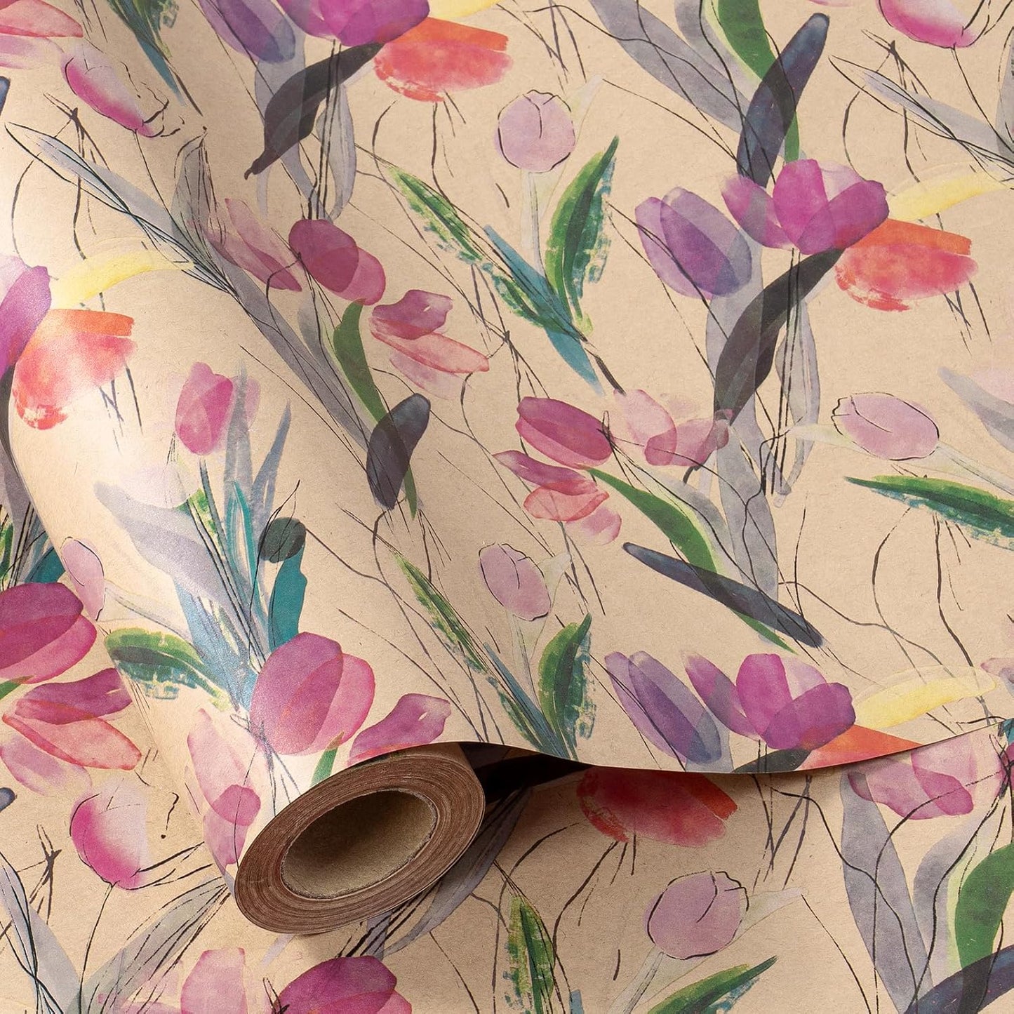 RUSPEPA Tulips Floral Wrapping Paper Roll, Watercolor Gift Wrap, Mini Roll Kraft Paper Roll for Girls, Spring, Summer, Wedding and Birthday 17 Inches x 32.8 Feet