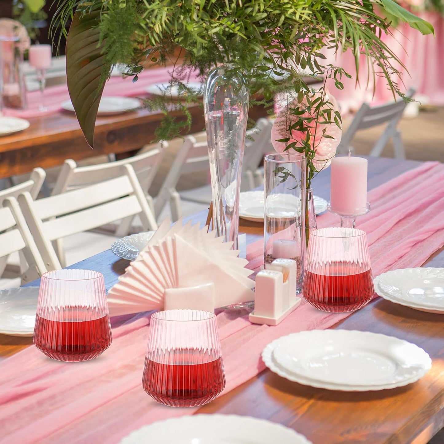 Suclain Plastic Wine Glasses Ribbed Stemless Wine Glasses 14oz Vertical Design Unbreakable Cups for Outdoor Indoor Vintage Elegant Champagne Whiskey Cups for Party Wedding(Pink,100 Pcs)