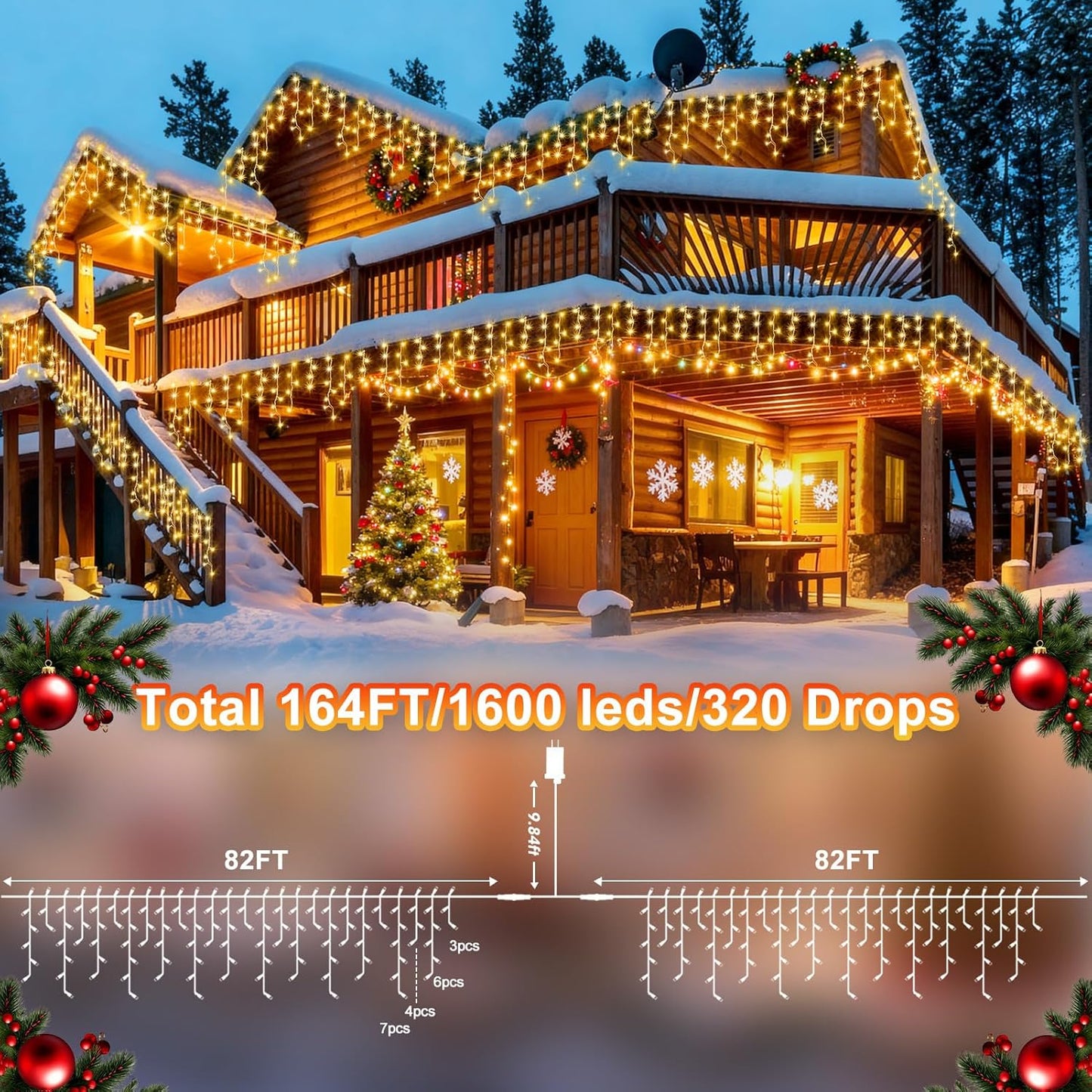KNONEW 164FT 1600 LED Christmas Lights Outdoor Decoration with 320 Drops Timer 8 Modes Hanging Lights Plug in Waterproof Indoor Decor for Holiday Wedding Party Window (Warm White)
