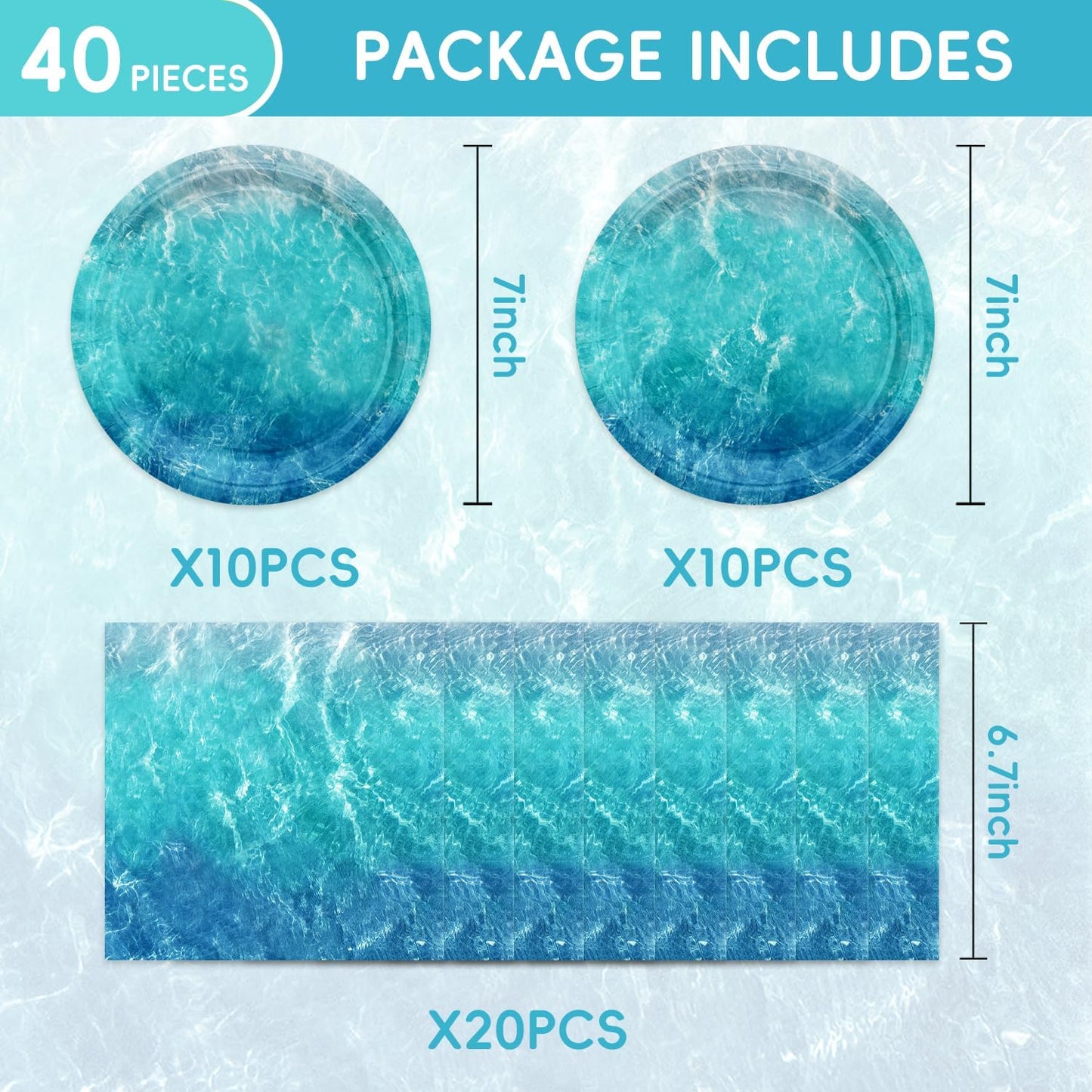 40pcs Ocean Themed Birthday Party Decorations Under the Sea Party,Ocean Waves Plates and Napkins,Suitable for 20 Guests