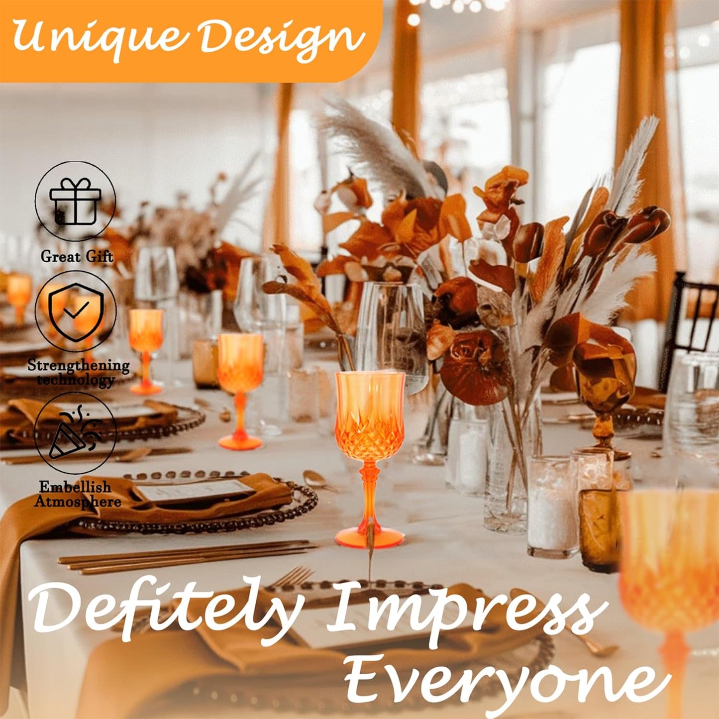 Plastic Wine Glasses，Orange Goblets Vintage Style Cordial Drinking Glasses for Wedding Reception, Halloween Grand Event Party Supplies (24, Pumpkin orange)