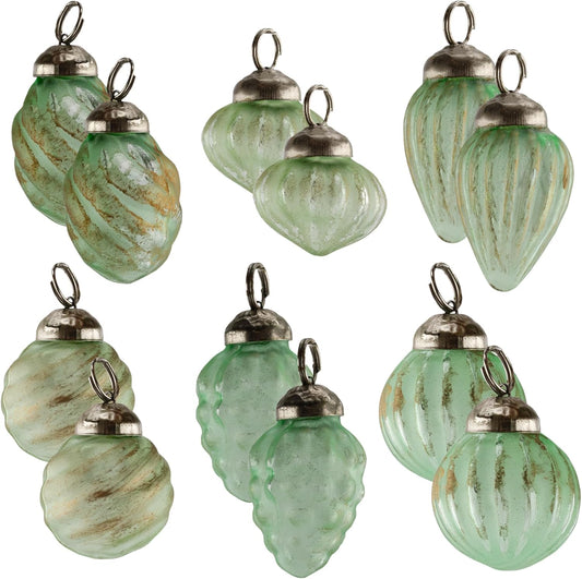 AuldHome Mercury Glass Finial Ornaments (Set of 12, Soda Glass, Small); Distressed Metal Antique Style Christmas Tree Decorations; 1.3 to 2-Inch Size