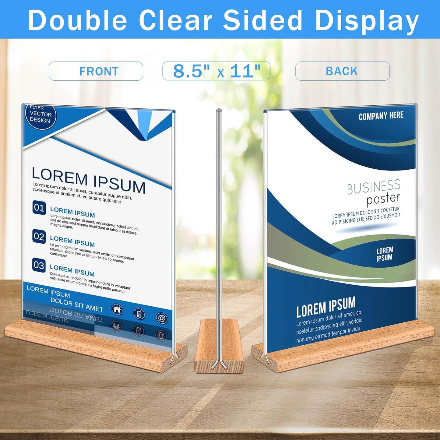 Kersally Acrylic Sign Holder 8.5 x 11, 6 Pack Double-Sided Clear Table Display Stands with Wood Base,Vertical Acrylic Frame Menu Flyer Paper Holder for Stores, Restaurants, Hotels, Office, Show Fair