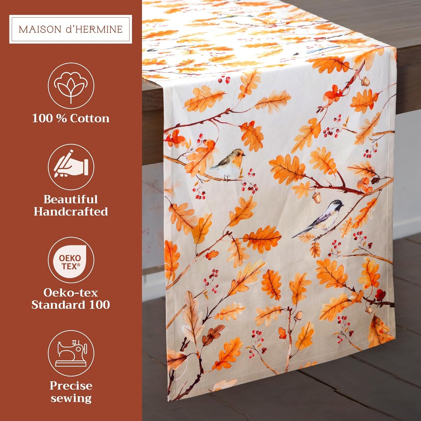 Maison d' Hermine Table Runner 100% Cotton Double Layer Table Runners 108 inches Long for Thanksgiving Christmas Decorations Home Kitchen Dining Party Wedding (Oak Leaves, 14.5" x 108")