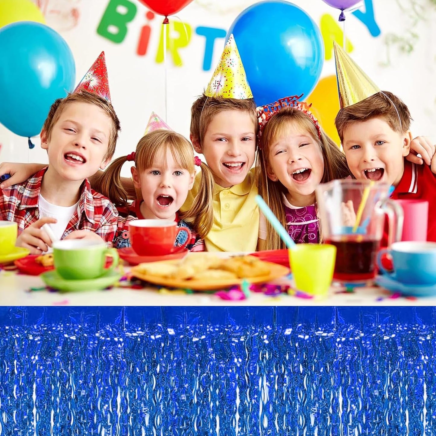 4P Wavy Metallic Tinsel Foil Fringe Table Skirts for Rectangle Tables Backdrop Garland Curtains for Parade Floats Wedding Birthday Parties Decoration Graduation 2025 Christmas (Blue)