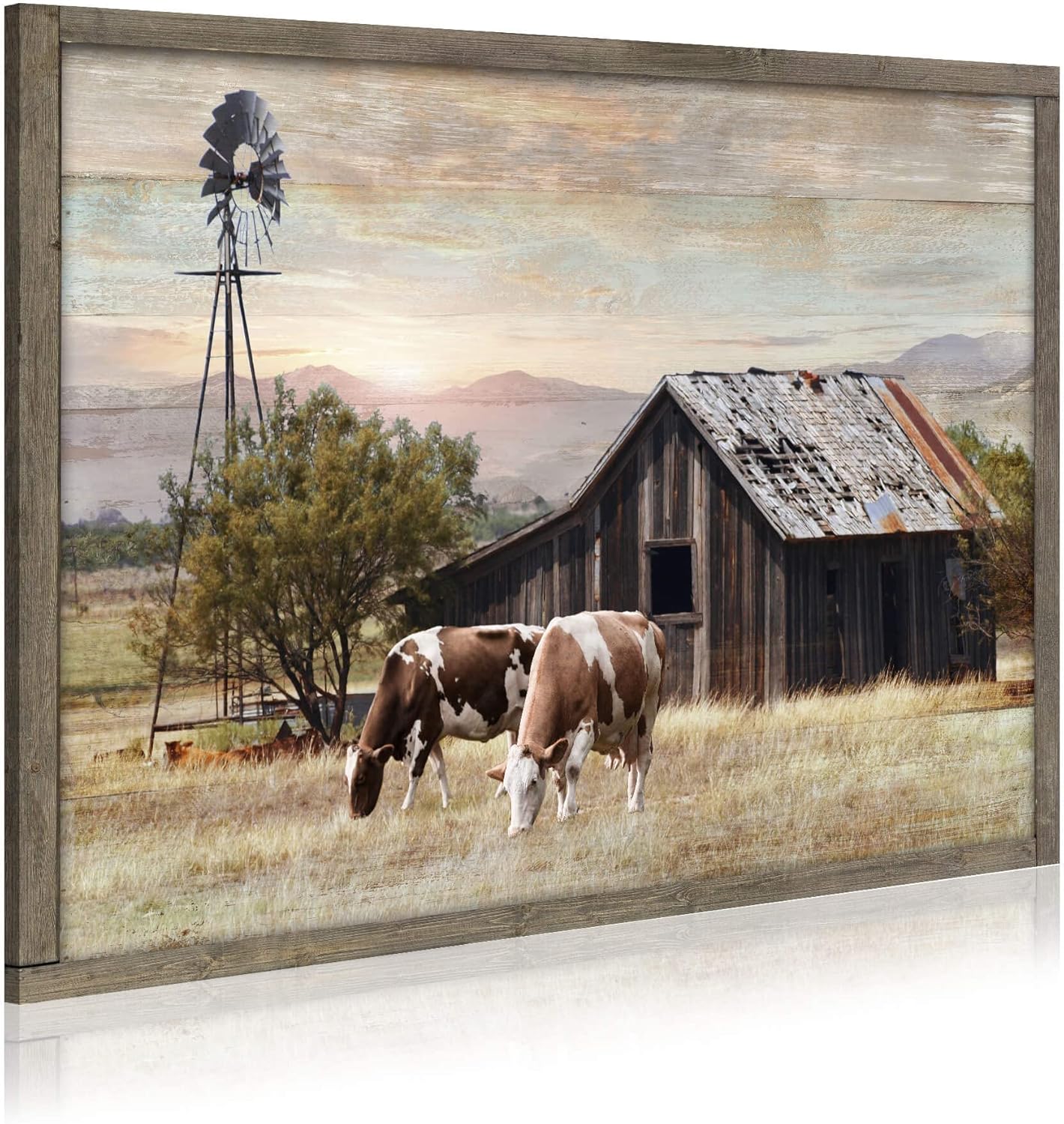 Rustic Wall Decor Barn Framed - Vintage Farmhouse Cow & Windmill Landscape Picture Artwork for Home and Kitchen