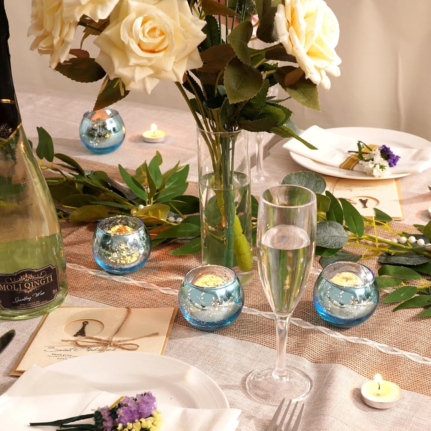 Homemory 36 Pcs Blue Votive Candle Holders, Round Mercury Glass Candle Holder, Tealight Candle Holders for Table Centerpieces, Baby Showe, Anniversary, Wedding, Home Decor, Halloween, Christmas